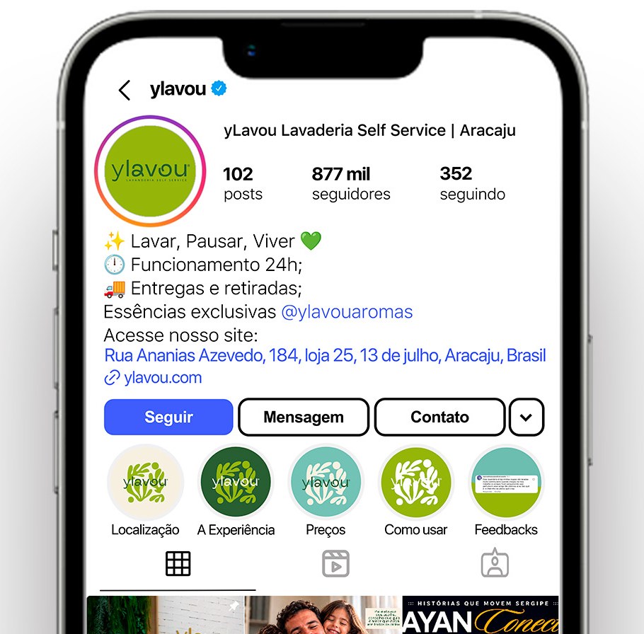 Mockup do perfil @ylavou reestruturado, com nome de busca, bio objetiva e destaques organizados